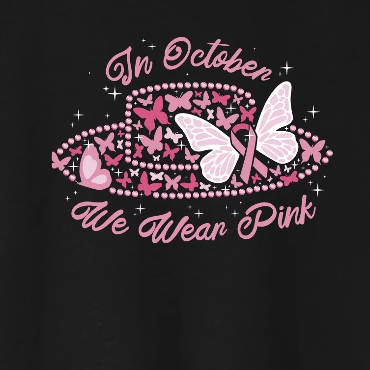 In October We Wear Pink Butterfly Ribbon Women's Crop Top Tee