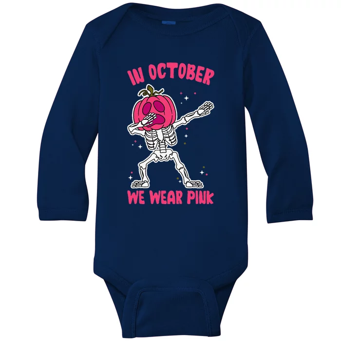 In October We Wear Pink Breast Cancer Pumpkin Halloween Baby Long Sleeve Bodysuit