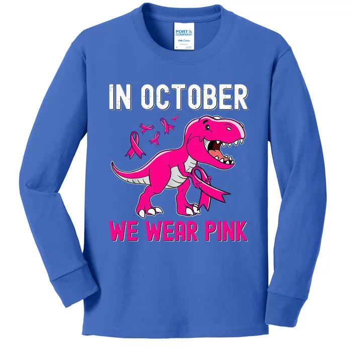 In October We Wear Pink Breast Cancer Trex Dino Kids Long Sleeve Shirt