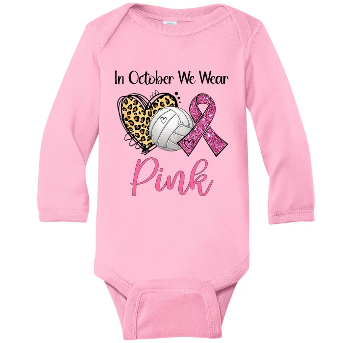 In October We Wear Pink Volleyball Breast Cancer Awareness Baby Long Sleeve Bodysuit