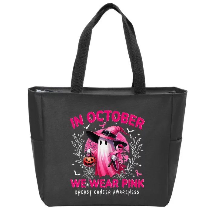 In October We Wear Pin.K Ghost Witch Breast Cancer Awareness Zip Tote Bag