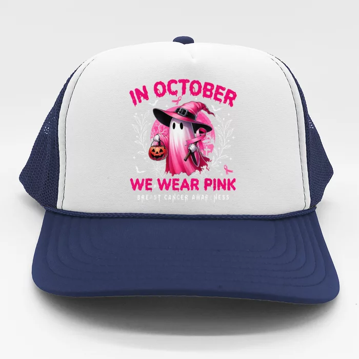 In October We Wear Pin.K Ghost Witch Breast Cancer Awareness Trucker Hat