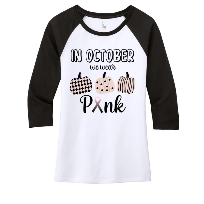 In October We Wear Pink Pumpkin Breast Cancer Women's Tri-Blend 3/4-Sleeve Raglan Shirt