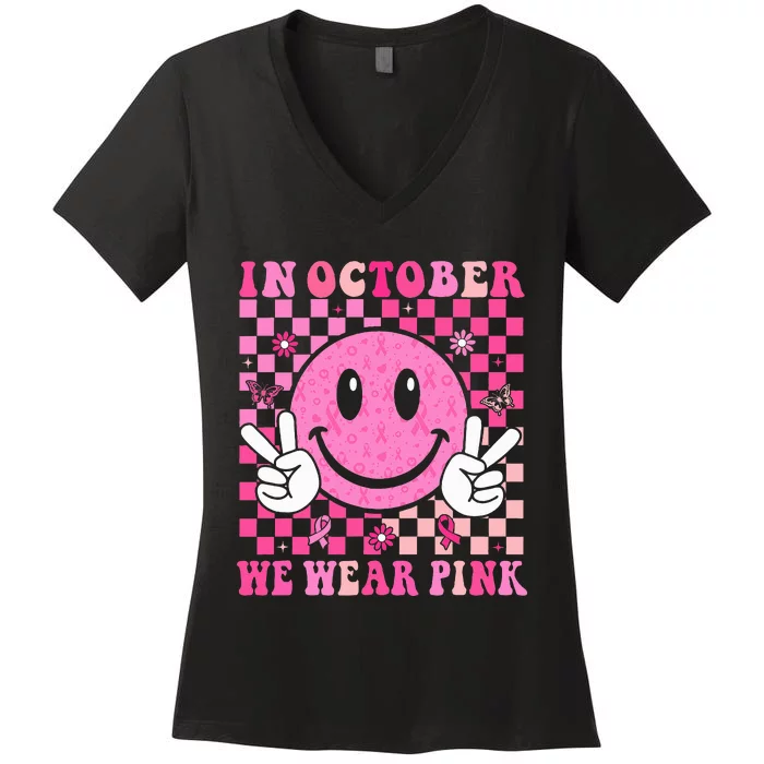 In October We Wear Ribon Smile Face Breast Cancer Women's V-Neck T-Shirt