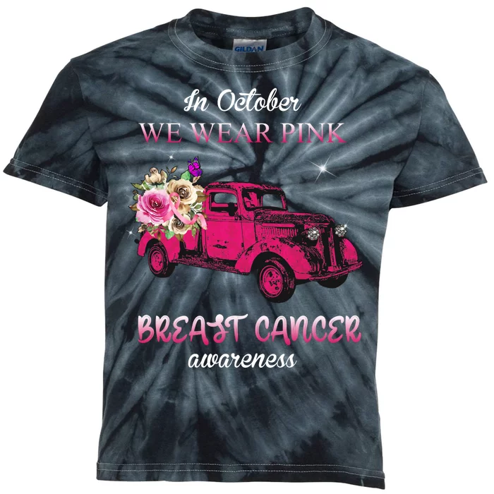 In October We Wear Pink Ribbon Pink Truck Breast Cancer Kids Tie-Dye T-Shirt