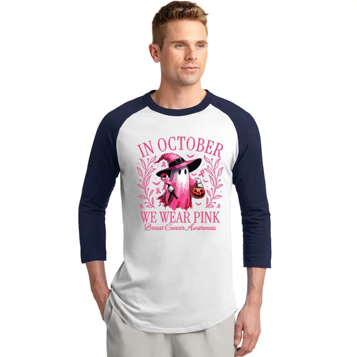 In October We Wear Breast Cancer Awareness Halloween Baseball Sleeve Shirt