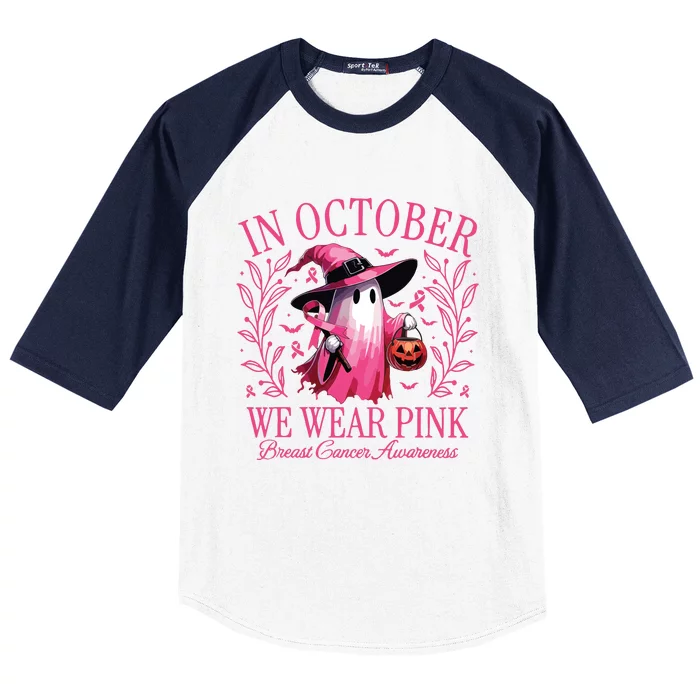 In October We Wear Breast Cancer Awareness Halloween Baseball Sleeve Shirt