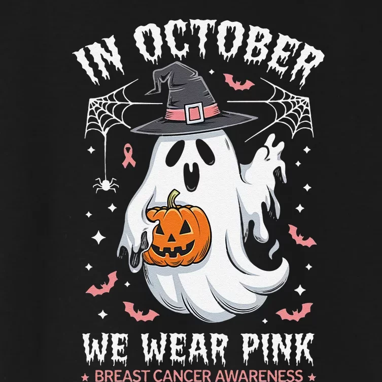 In October We Wear Pin.K Ghost Witch Breast Cancer Awareness Women's Crop Top Tee