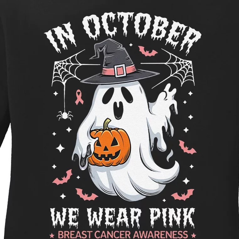 In October We Wear Pin.K Ghost Witch Breast Cancer Awareness Ladies Long Sleeve Shirt