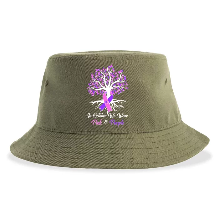 In October We Wear Pink And Purple Domestic Violence Breast Cancer Awareness Sustainable Bucket Hat