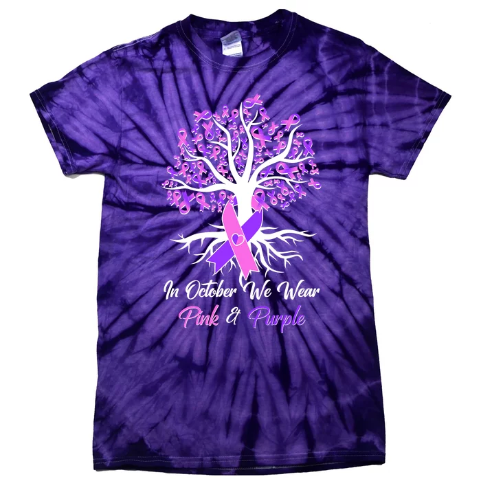 In October We Wear Pink And Purple Domestic Violence Breast Cancer Awareness Tie-Dye T-Shirt