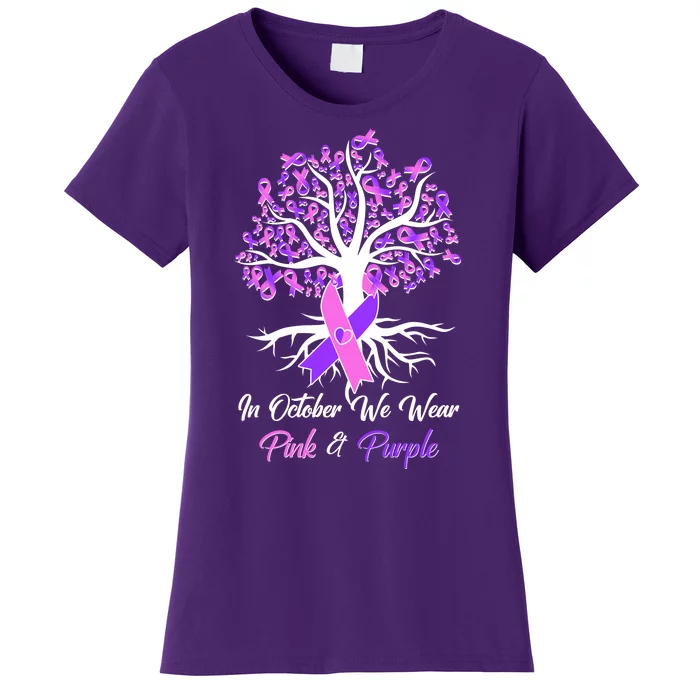 In October We Wear Pink And Purple Domestic Violence Breast Cancer Awareness Women's T-Shirt