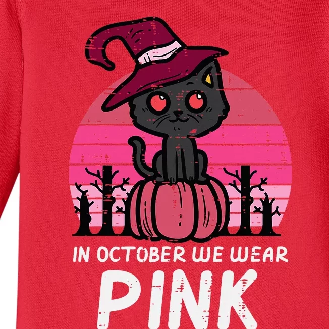 In October We Wear Pumpkin Cat Breast Cancer Awareness Baby Long Sleeve Bodysuit