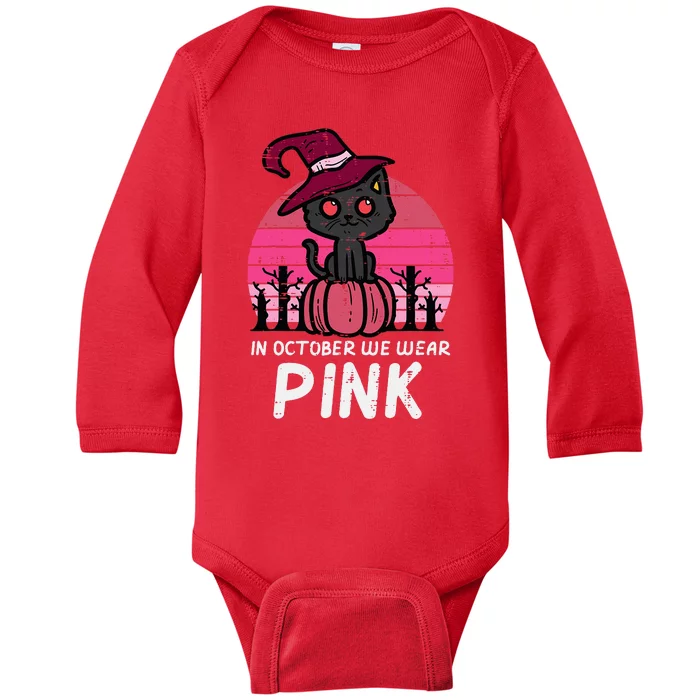 In October We Wear Pumpkin Cat Breast Cancer Awareness Baby Long Sleeve Bodysuit