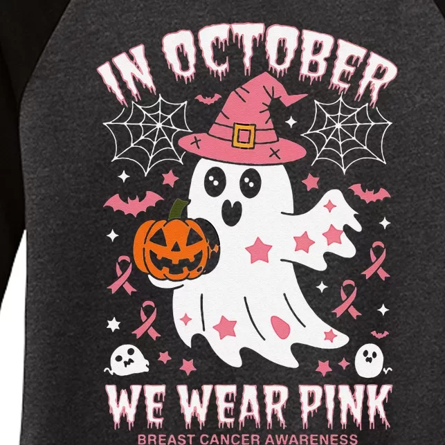 In October We Wear Pin.K Ghost Witch Breast Cancer Awareness Women's Tri-Blend 3/4-Sleeve Raglan Shirt