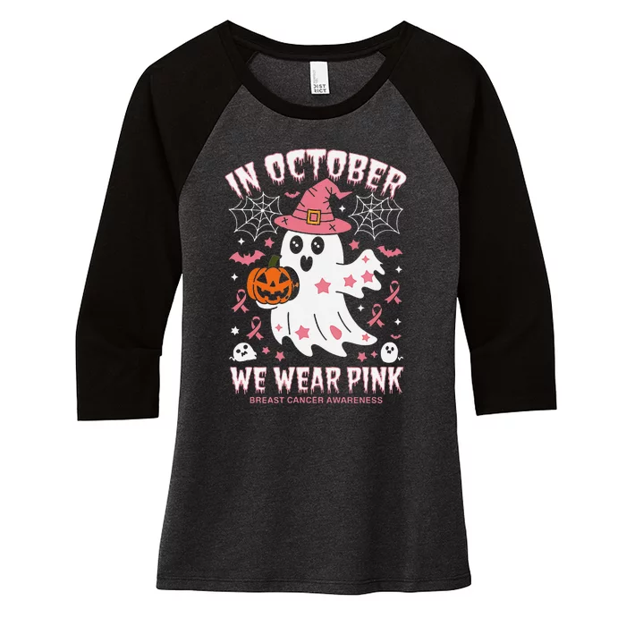 In October We Wear Pin.K Ghost Witch Breast Cancer Awareness Women's Tri-Blend 3/4-Sleeve Raglan Shirt