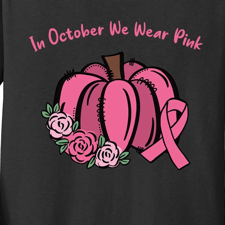 In October We War Pink Autumn Breast Cancer Kids Long Sleeve Shirt