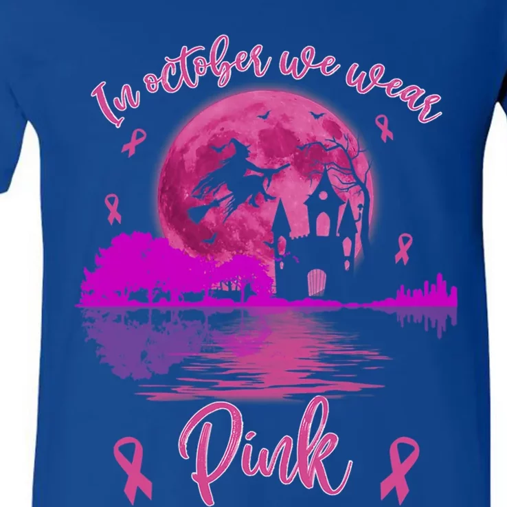 In October We Wear Pink Breast Cancer Awareness Moon Witch Great Gift V-Neck T-Shirt