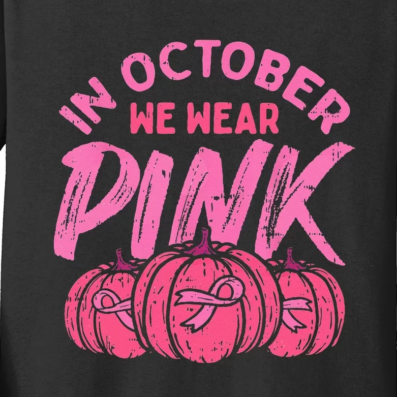 In October We Wear Pink Breast Cancer Pumpkin Halloween Kids Long Sleeve Shirt