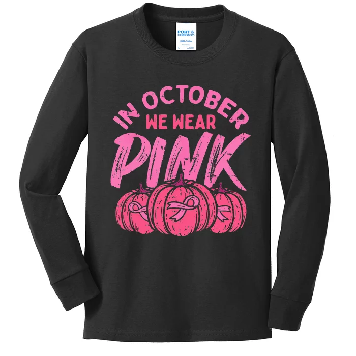 In October We Wear Pink Breast Cancer Pumpkin Halloween Kids Long Sleeve Shirt