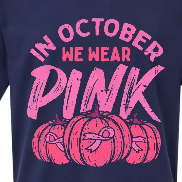 In October We Wear Pink Breast Cancer Pumpkin Halloween Sueded Cloud Jersey T-Shirt