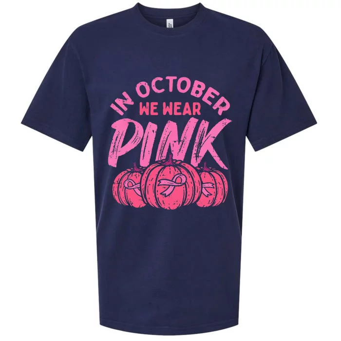 In October We Wear Pink Breast Cancer Pumpkin Halloween Sueded Cloud Jersey T-Shirt