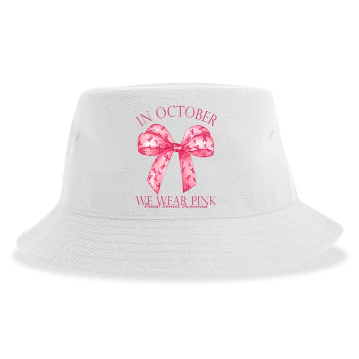 In October We Wear Pink Breast Cancer Awareness Bow Ribbon Sustainable Bucket Hat