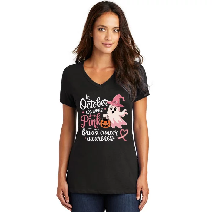 In October We Wear Pin.K Halloween Breast Cancer Awareness Women's V-Neck T-Shirt