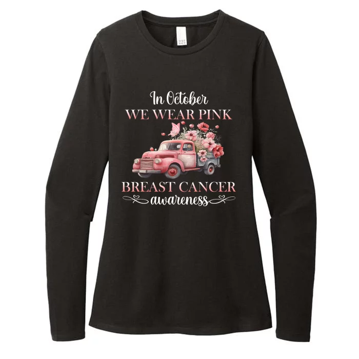 In October We Wear Pink Breast Cancer Floral Truck Womens CVC Long Sleeve Shirt