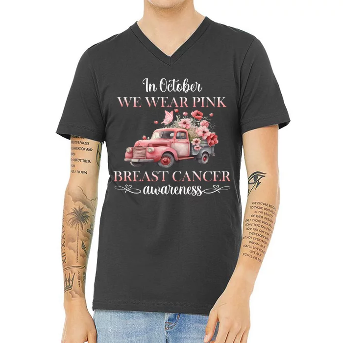 In October We Wear Pink Breast Cancer Floral Truck V-Neck T-Shirt