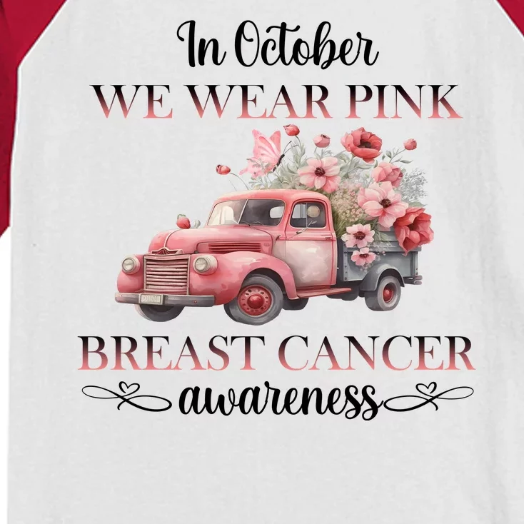 In October We Wear Pink Breast Cancer Floral Truck Kids Colorblock Raglan Jersey