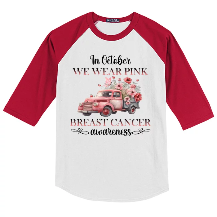 In October We Wear Pink Breast Cancer Floral Truck Kids Colorblock Raglan Jersey