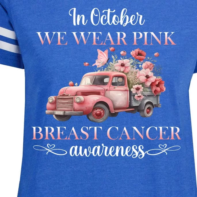 In October We Wear Pink Breast Cancer Floral Truck Enza Ladies Jersey Football T-Shirt