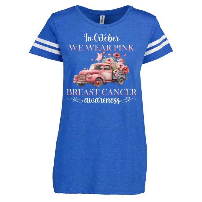 In October We Wear Pink Breast Cancer Floral Truck Enza Ladies Jersey Football T-Shirt