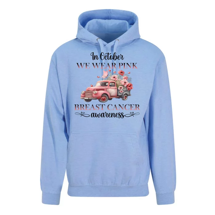 In October We Wear Pink Breast Cancer Floral Truck Unisex Surf Hoodie