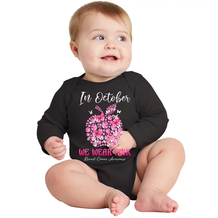 In October We Wear Pink Teacher Butterflies Breast Cancer Baby Long Sleeve Bodysuit