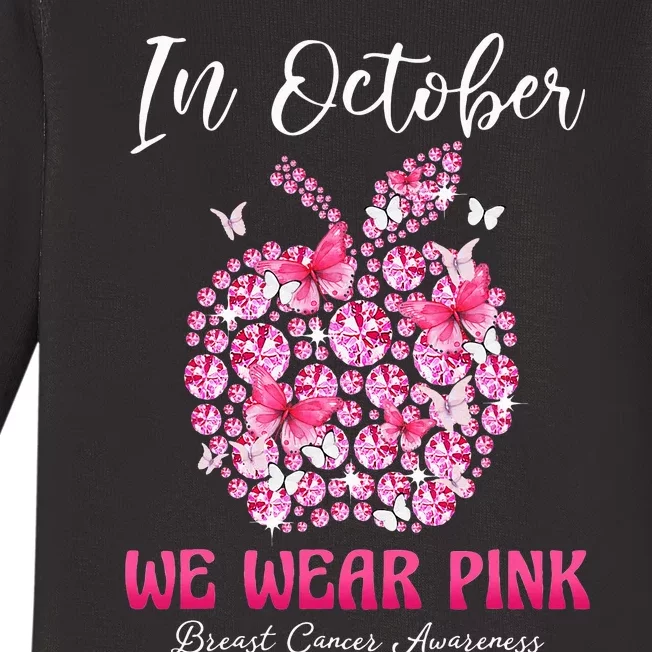 In October We Wear Pink Teacher Butterflies Breast Cancer Baby Long Sleeve Bodysuit