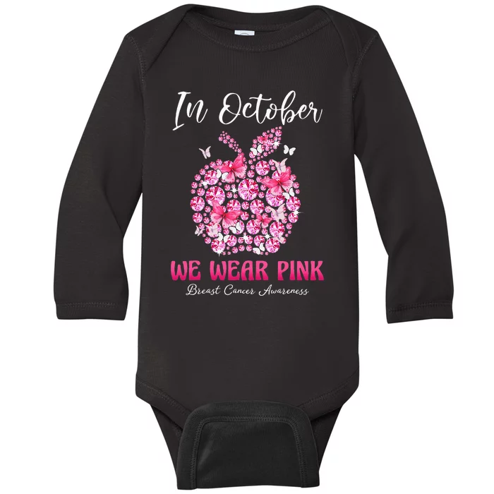 In October We Wear Pink Teacher Butterflies Breast Cancer Baby Long Sleeve Bodysuit