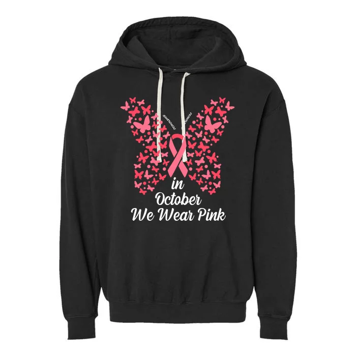 In October We Wear Pink Butterfly Breast Cancer Ribbon Garment-Dyed Fleece Hoodie