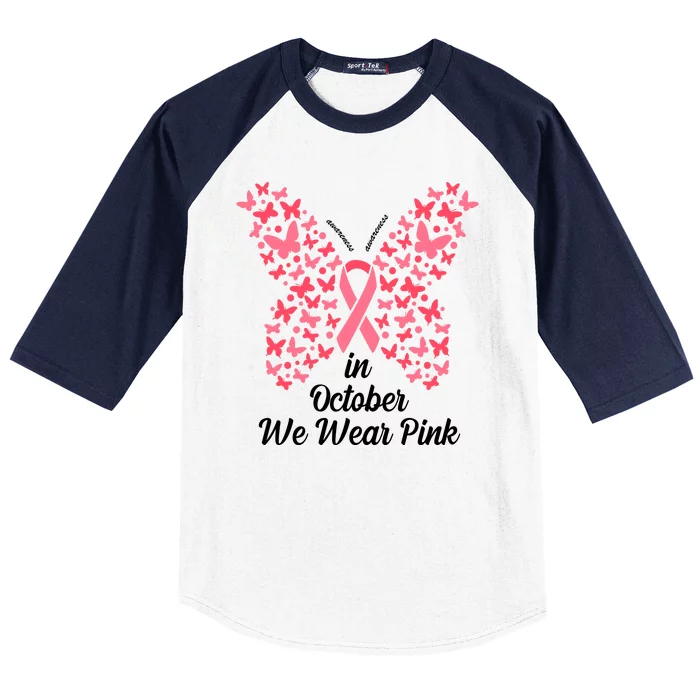 In October We Wear Pink Butterfly Breast Cancer Ribbon Baseball Sleeve Shirt