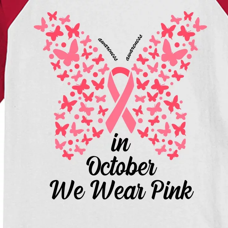 In October We Wear Pink Butterfly Breast Cancer Ribbon Kids Colorblock Raglan Jersey