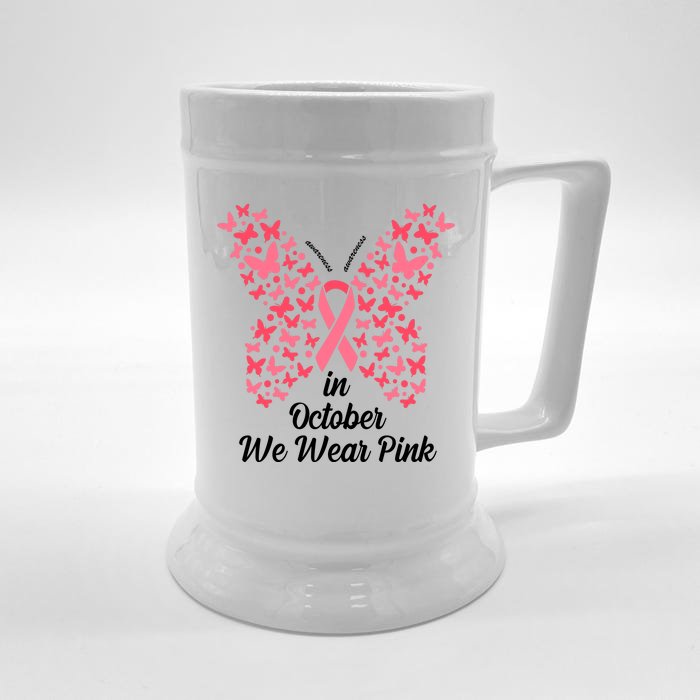 In October We Wear Pink Butterfly Breast Cancer Ribbon Front & Back Beer Stein