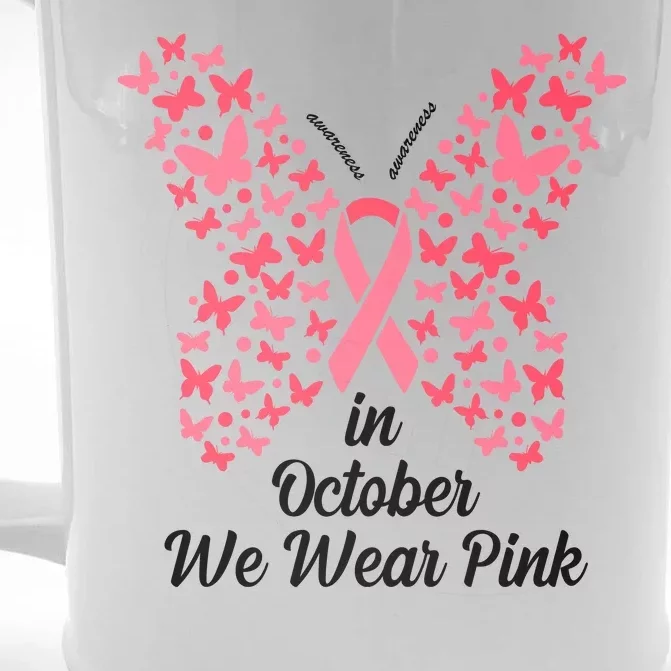 In October We Wear Pink Butterfly Breast Cancer Ribbon Front & Back Beer Stein