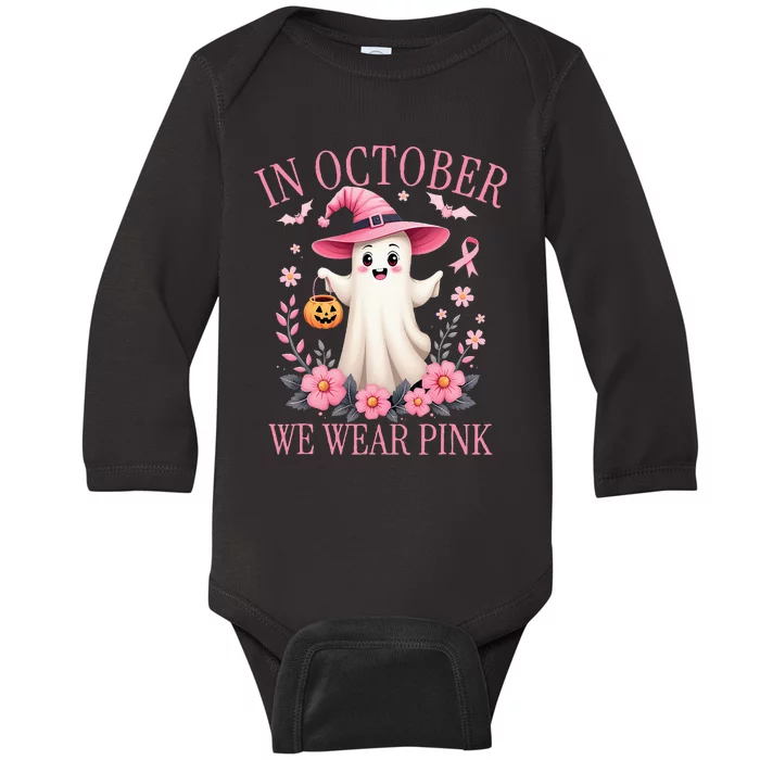 In October We Wear Breast Cancer Awareness Halloween Baby Long Sleeve Bodysuit