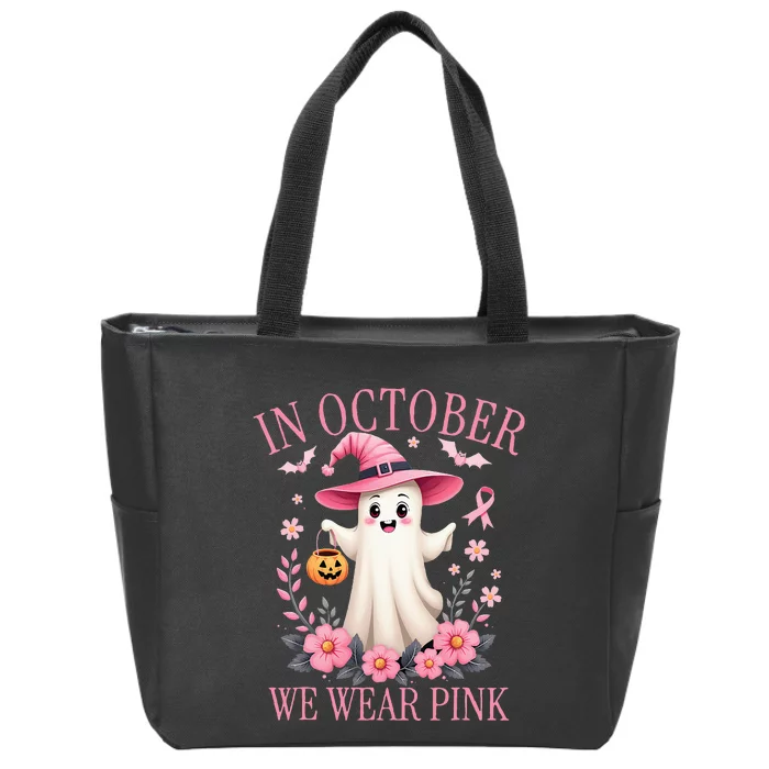 In October We Wear Breast Cancer Awareness Halloween Zip Tote Bag