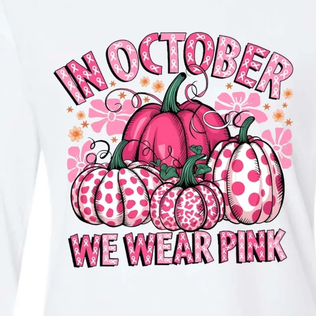 In October We Wear Pumpkin Breast Cancer Halloween Womens Cotton Relaxed Long Sleeve T-Shirt