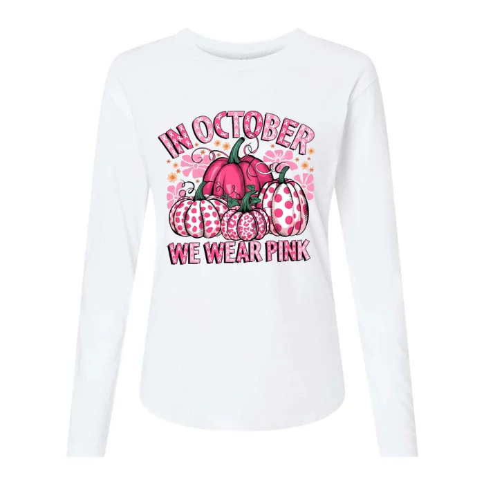 In October We Wear Pumpkin Breast Cancer Halloween Womens Cotton Relaxed Long Sleeve T-Shirt