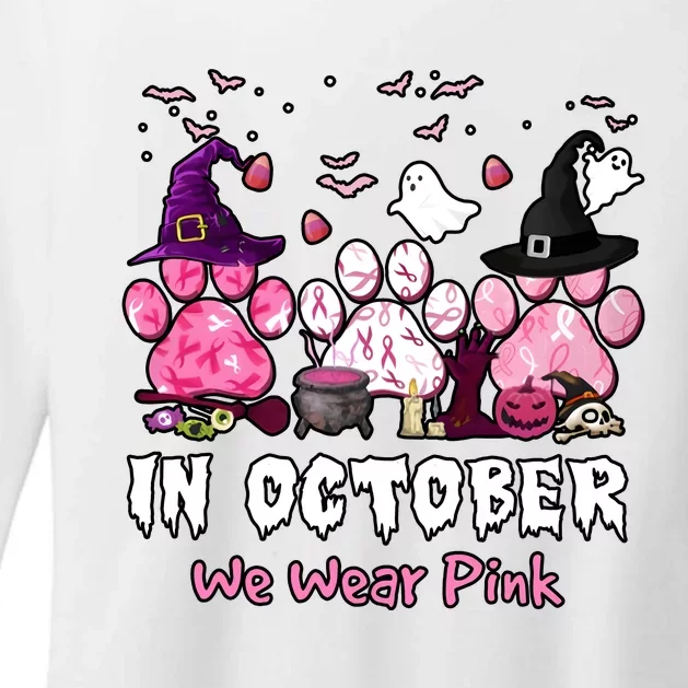 In October We Wear Pink Paw Prints Halloween Witch Womens CVC Long Sleeve Shirt