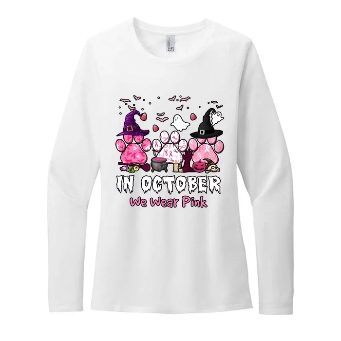 In October We Wear Pink Paw Prints Halloween Witch Womens CVC Long Sleeve Shirt