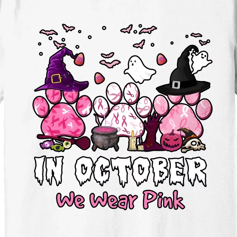 In October We Wear Pink Paw Prints Halloween Witch Premium T-Shirt